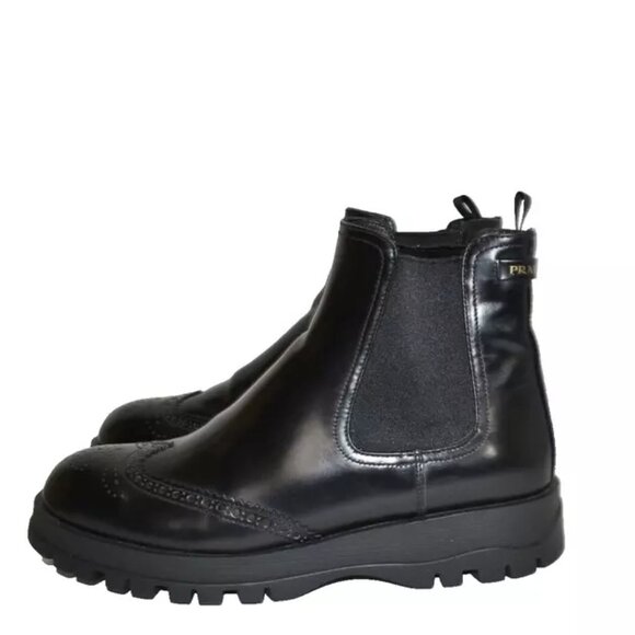 $900 PRADA Leather MOTO BROGUE Wing-Tip Chelsea Boots PLATFORM BLACK 41 (SE29) - Picture 5 of 8